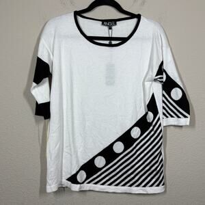 Angel Womens XS Asymmetric Stripe Sweater Top White Black Crew Neck Half Sleeves